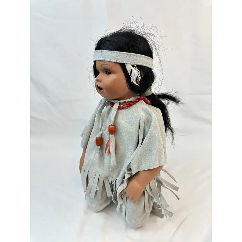Vintage Native American Style Doll 12” – Feather Defect – Signed Neck Mark